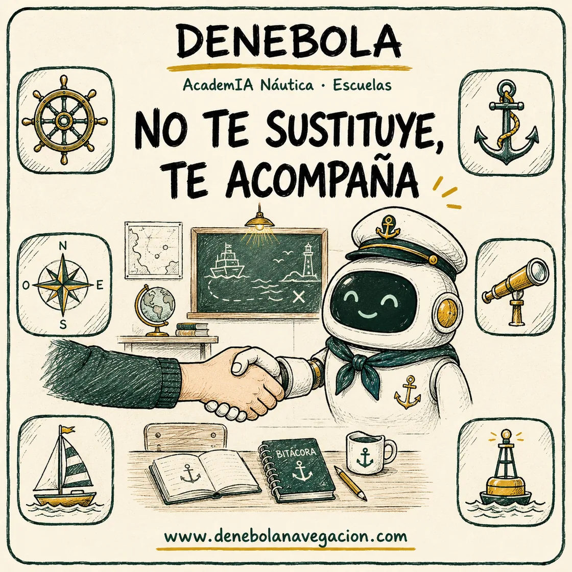 Ilustración de AcademIA Náutica: una persona y el robot de Denebola se dan la mano en el aula de una escuela náutica, con pizarra, carta de navegación, globo terráqueo y cuaderno de bitácora. Rótulo: «No te sustituye, te acompaña».