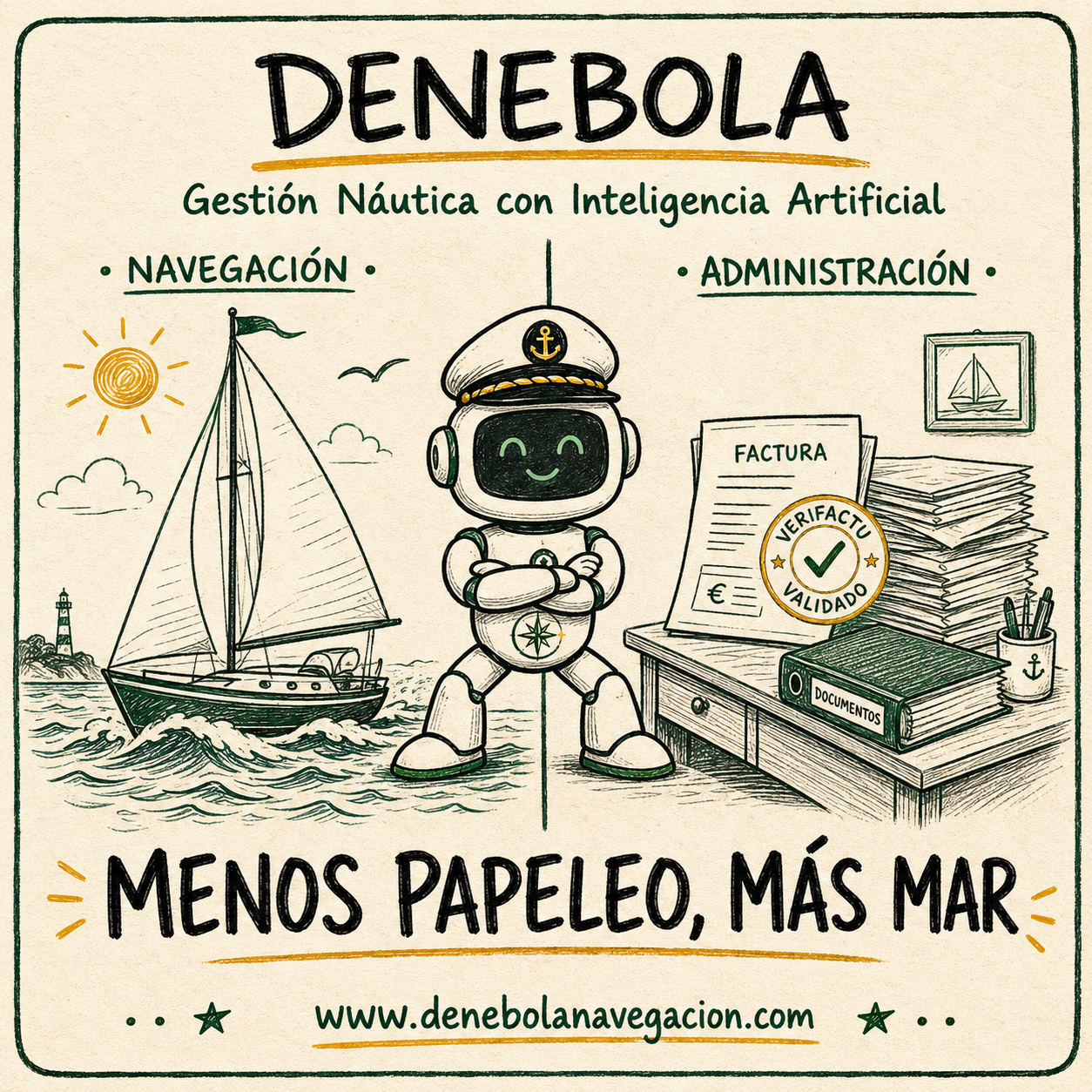 Ilustración de Denebola: mitad velero navegando, mitad escritorio con una factura validada con VeriFactu, con el robot de Denebola uniendo los dos mundos