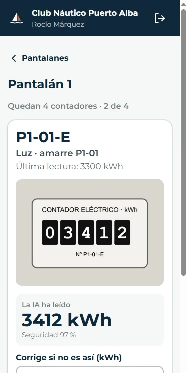App del marinero leyendo un contador eléctrico: la IA ha leído 3412 kWh con un 97 % de seguridad.
