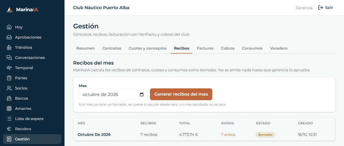 Pantalla de Gestión de MarinaIA: recibos del mes calculados como borrador, pendientes de aprobar por gerencia.