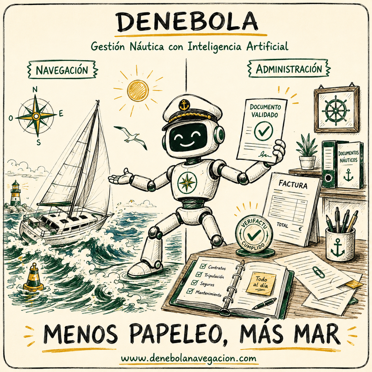 Ilustración de Denebola: el robot muestra un documento validado junto a un sello VERIFACTU CUMPLIDO, una factura y un cuaderno con checklist de contratos, tripulación, seguros y mantenimiento